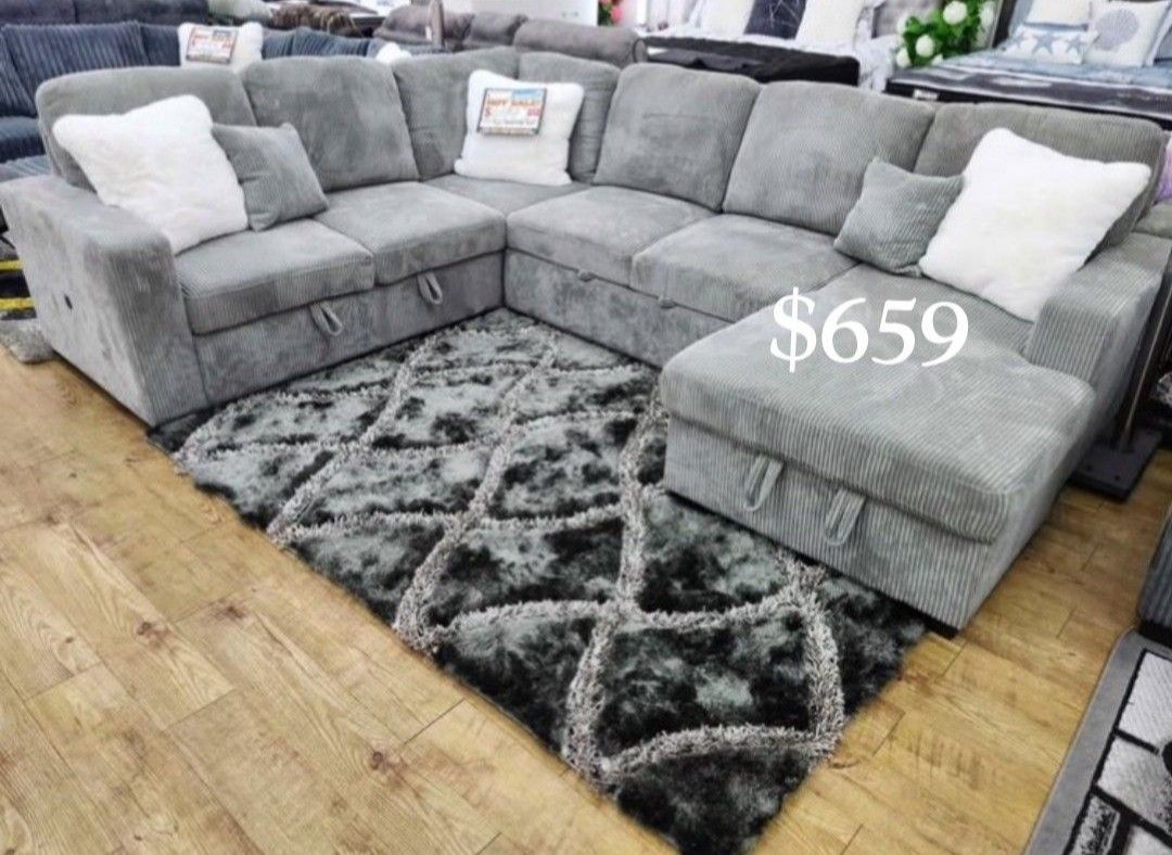 Stylish 4-Pc Convertible Sectional Sofa With Double Storage, Pull-out Bed, & USB Port (✅No Tax ✅)