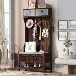 Hall Tree with 6 Hooks & Bench, Hinged-Lid Storage, Rustic Brown