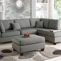 Brand New Neutral Tone Brand New Grey Reversible Chaise L Shape Sectional With Free Ottoman 