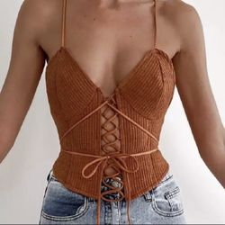 Y2K Vintage Style Ribbed Lace Up Crop Top Spaghetti Strap Backless Baddie new