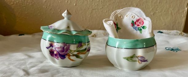 Vintage Hand-Painted Porcelain Sugar Bowl & Creamer Set - Purple Iris