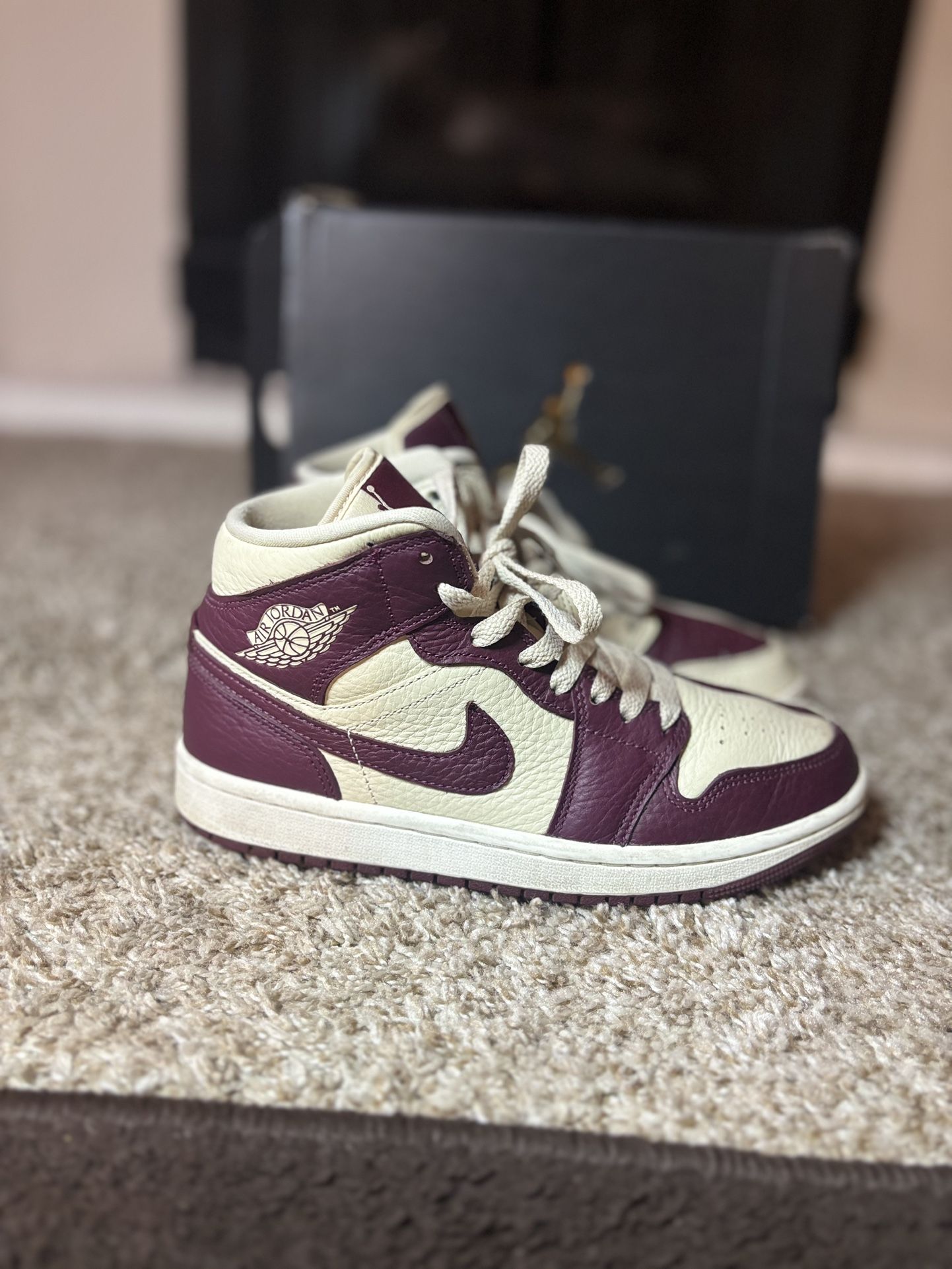 Nike Air Jordan 1 Mid Sneakers In Burgundy And Cream Size 7 W