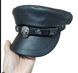 Black Faux Leather Biker Cap with Skull Hardware