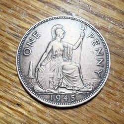 1945 VICTORY PENNY-ONE PENNY COIN-1d BRITISH BRONZE COIN-KING GEORGE VI