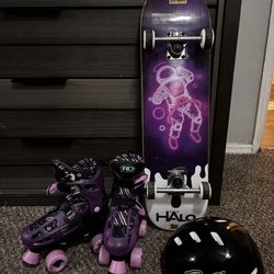 Roller Derby Girl's Adjustable Skates and Skateboard.