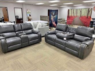 Gray Leather Reclining Sofa and Loveseat Set