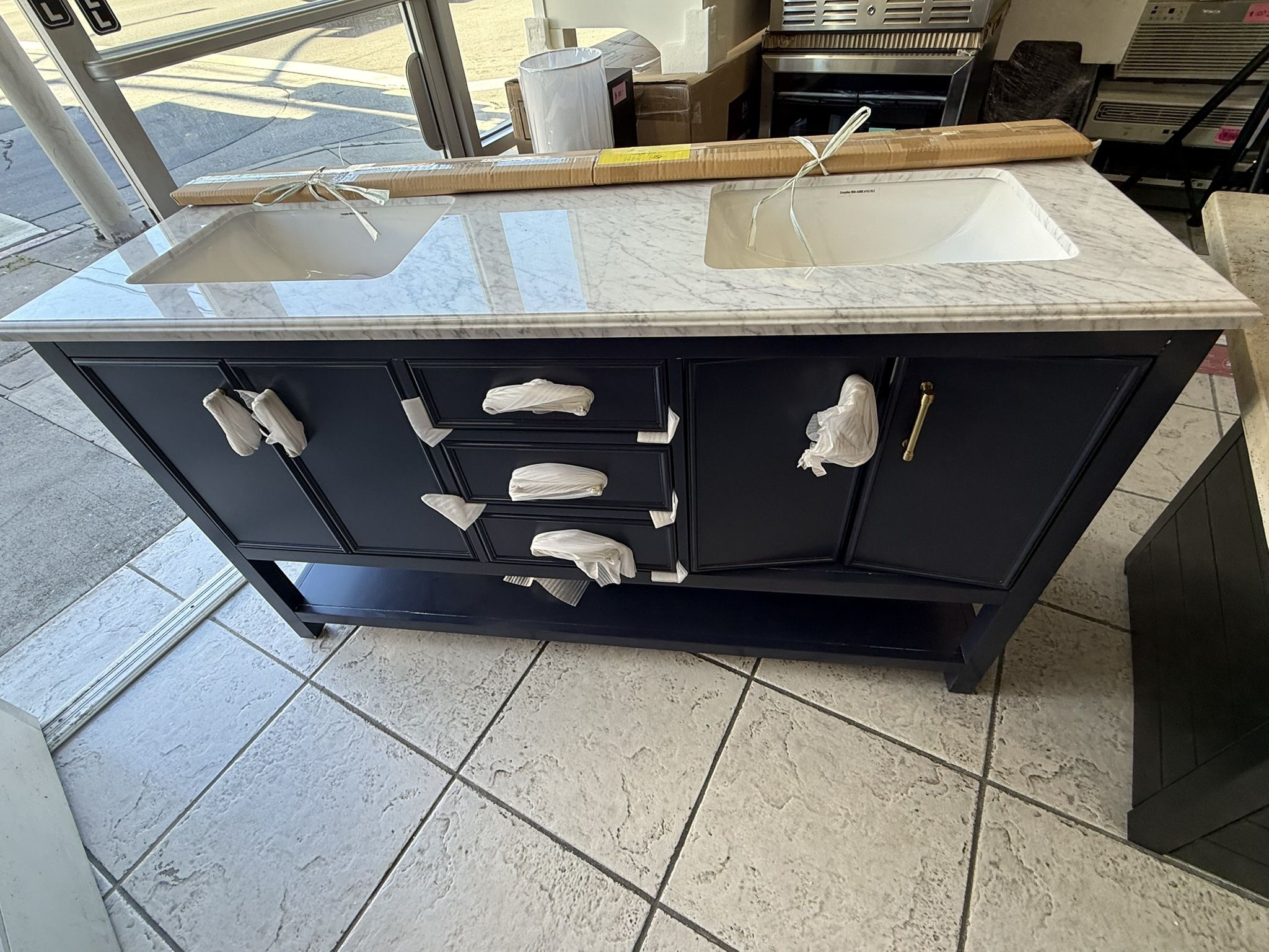 allen & roth 60 in Double Sink Blue Bathroom Vanity with Back Splash