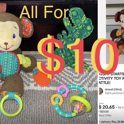$10 Bundle Of Baby Toys 10” Brigth Stars Monkey,Rattle Bracelet,Fidget Pop it Dino 🦖 all included