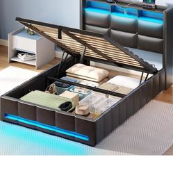 Rolanstar Bed Frame Twin Size with Lift Up Storage, Charging Station & LED Lights, Upholstered Storage Headboard, Heavy Duty Wooden Slats, No Box Spri