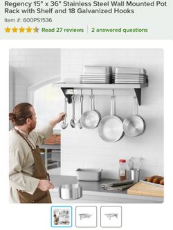 Regency Stainless Steel Wall Mounted Pot Rack with Shelf + Hooks