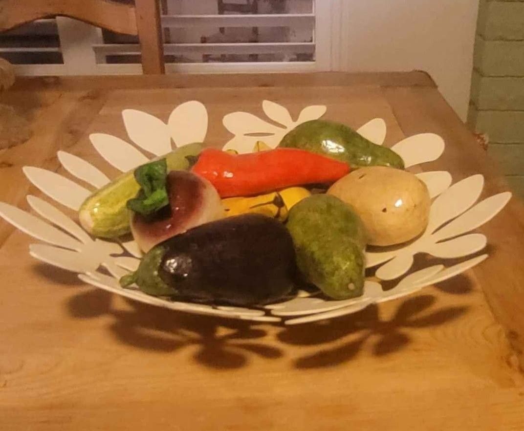 Metal Dish W/paper mache Veggies