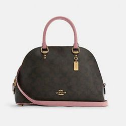 Coach Katy Satchel In Brown Signature Canvas with Shell Pink Trim and Gold Hardware, new with tags