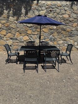 Gorgeous heavy weight all metal Patio Set of 8 piece, with umbrella, cushions, good condition, $675