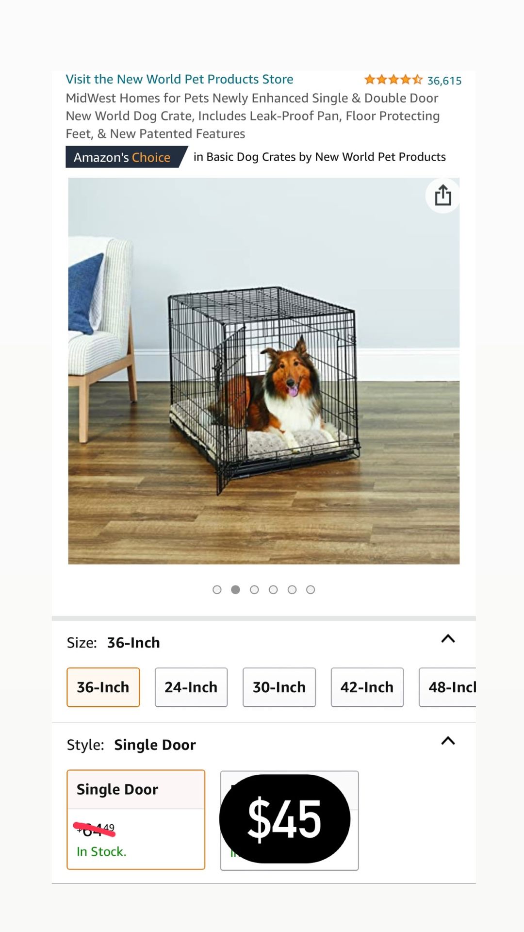 36” Single Door New World Dog Crate, Includes Leak-Proof Pan, Floor Protecting Feet