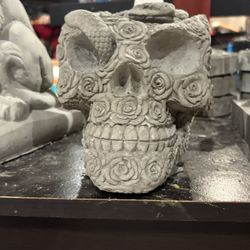 Concrete Skull Statue with Rose & Snake Design