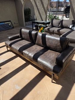 Chocolate Leather Sofa with Wood Trim and Metal Legs | Modern Industrial | 2 Back Pillows
