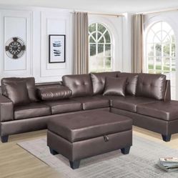 Brown Leather Sectional W/Storage Ottoman 