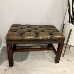Distressed Button Tufted Leather Bench 