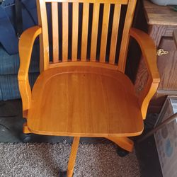 Vintage Yellow Oak Wood Rolling Desk Chair With Full Back Support And 