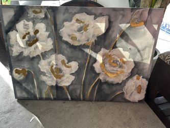 Kirkland’s 24x36 Grey & White Floral Canvas Wall Art – Gold Accents