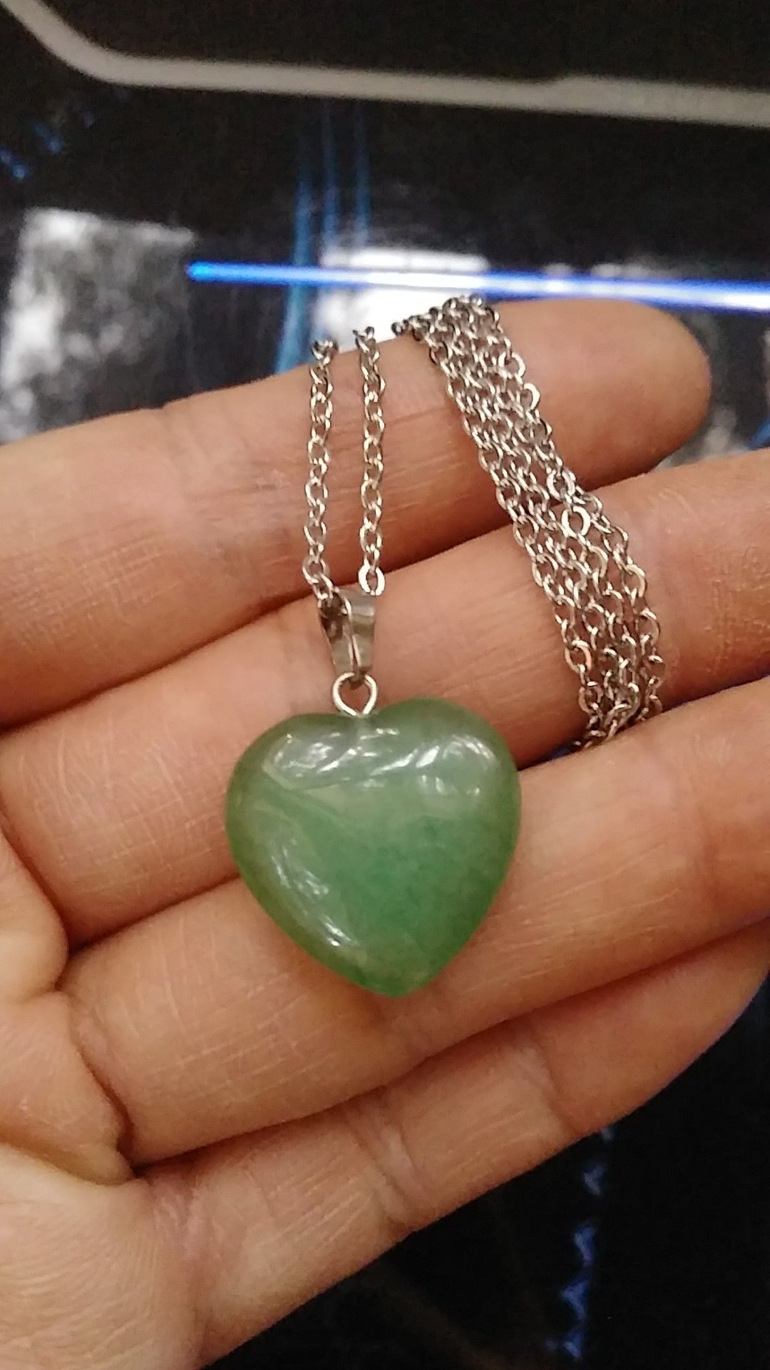 20x20x7mm Green stone heart pendant stainless steel chain 22" 1.5mm nivkle lead free