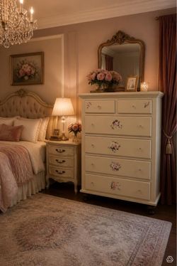 Cream colored dresser with floral design and Crystal knobs