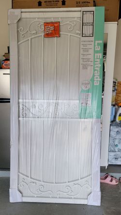 36 in. x 80 in La Entrada White Surface Mount Outswing Steel Security Door with Perforated Metal Screen