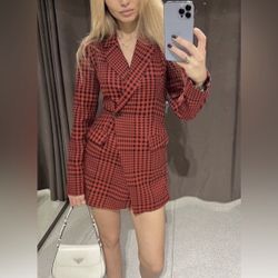 Zara red houndstooth blazer playsuit romper S