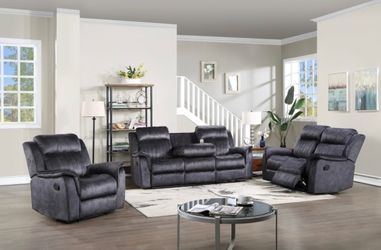 3PCS BLUE GRAY FABRIC MANUAL RECLINERS SOFAS SET W/DROP DOWN TRAY (M) $1099 DELIVER AVAILABLE