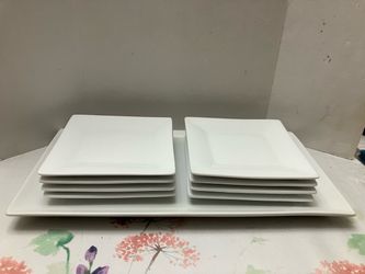 Lot of 9 pcs Crate & Barrel Appetizer Tray 15x8 & 8 Appetizer Square Plates 6x6 Excellent Condition