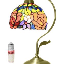 Tiffany Style Table Lamp Baroque Handmade Stained Glass Desk Lamps Gifts with Metal Leaf Iron Base Vintage Curved Double Color Roses Reading Lamp for 