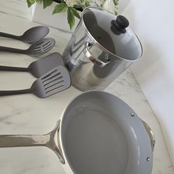 Caraway 12" skillet/ Stainless Steel stock pot 8.8 qt/ new utensils set