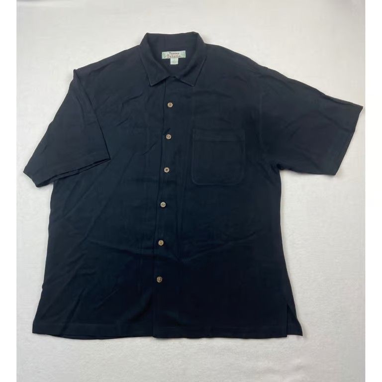 Tommy Bahama Men's Large Shirt 100% Silk Short Sleeve Black Button Front