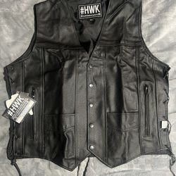 HWK Leather Motorcycle Vest for Men and Women with Concealed Carry Gun Pocket, Black Genuine Leather Vest with 100% Polyester Lining for All-Weather E