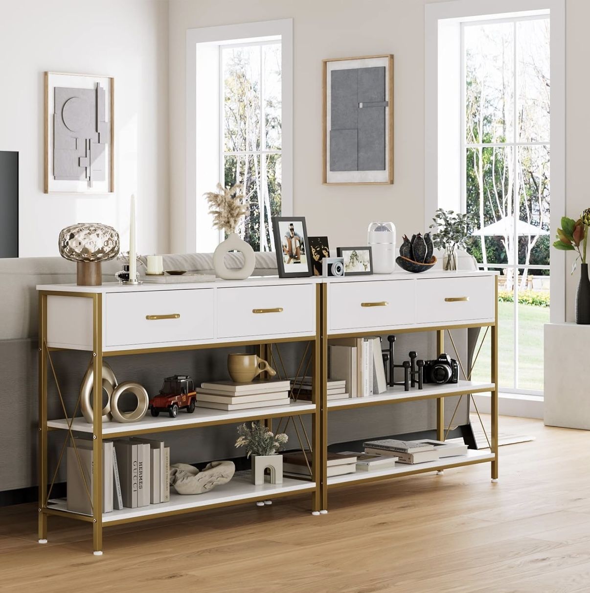 Industrial Console Table with Drawers, Vintage Hallway Foyer Table with Storage Shelves, Narrow Long Sofa Entryway Table for Living Room
