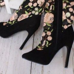 SEXY BLACK MESH FLORAL EMBROIDER THIGH HIGH BOOTS