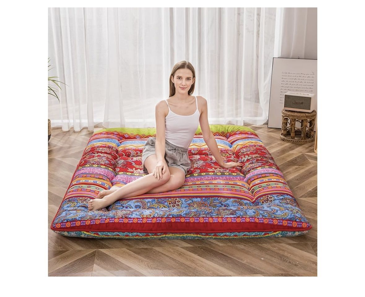 MAXYOYO Bohemian Retro Floor Mattress Vintage Floral Japanese Futon Mattress Roll Up Thicken Sleeping Bed Portable Camping Mattress Floor Lounger Couc