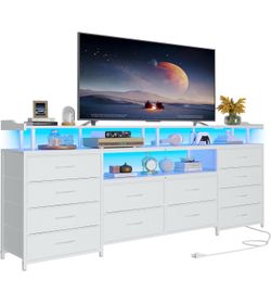 White Large Tv Stand with LED Lights and Fabric Drawers