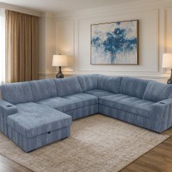 IKEA Gray Corduroy Modular Sectional Sofa w/ Chaise, Storage, USB Charger & Cup Holders Like-New