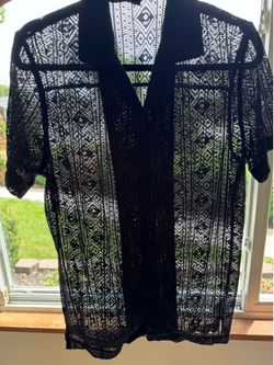 Men's Black Lace Crochet Button-Down Shirt | Short Sleeve Camp Collar See-Through Top