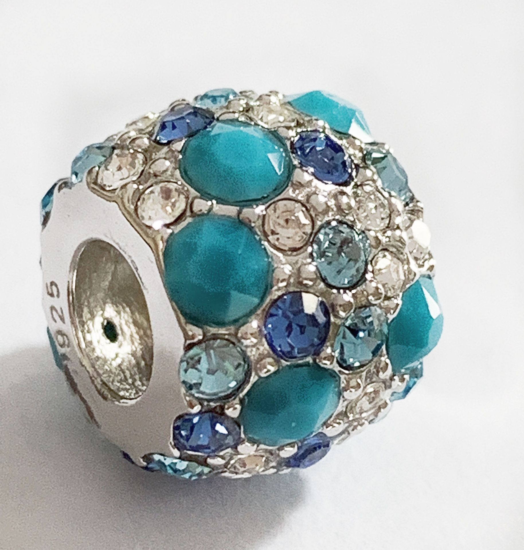 Solid 925 Sterling silver Swarovski crystal paved Turquoise blue charm , fits on Pandora bracelet