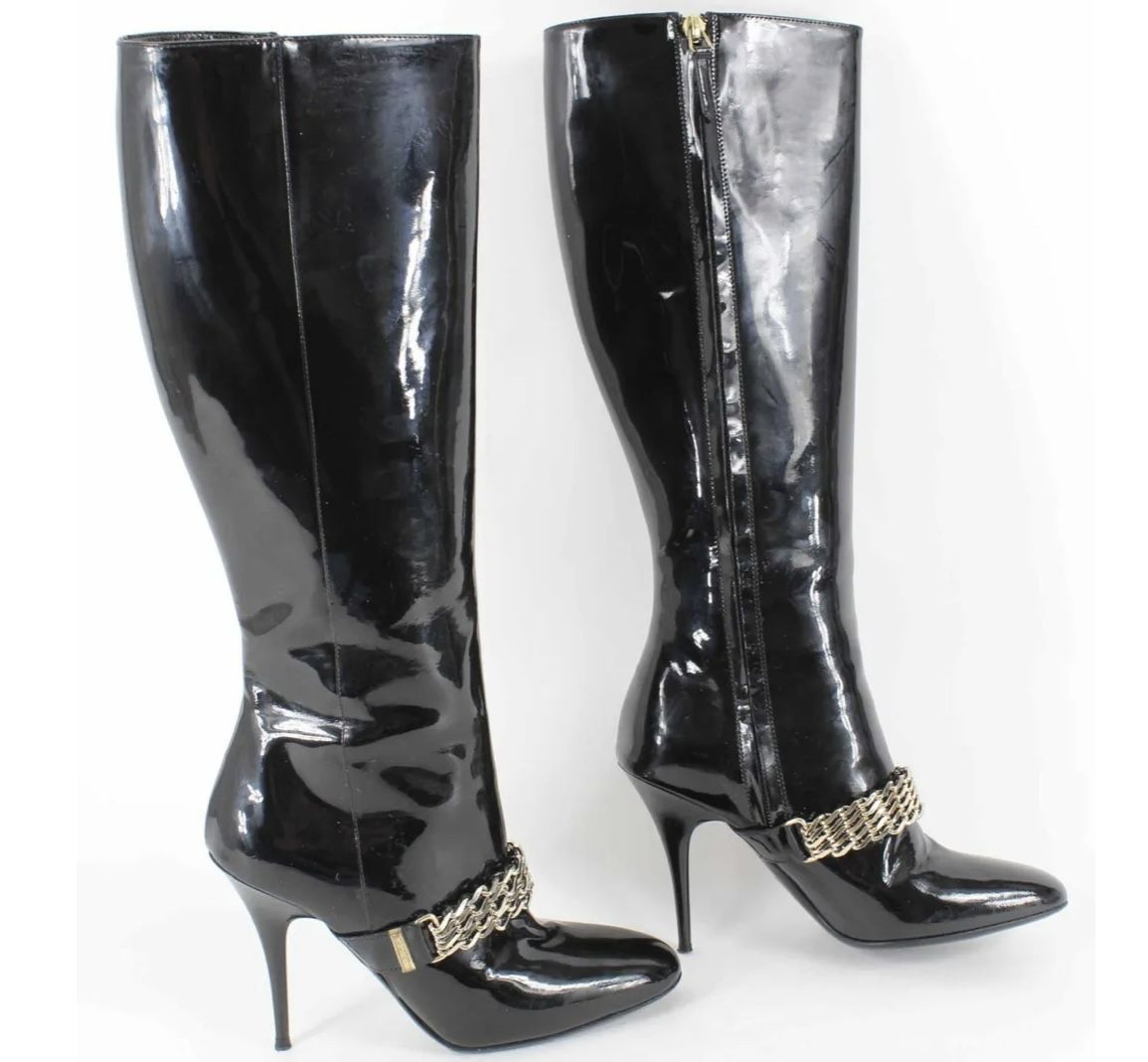 Authentic Burberry Patent Leather Gold Chain Knee High Boots