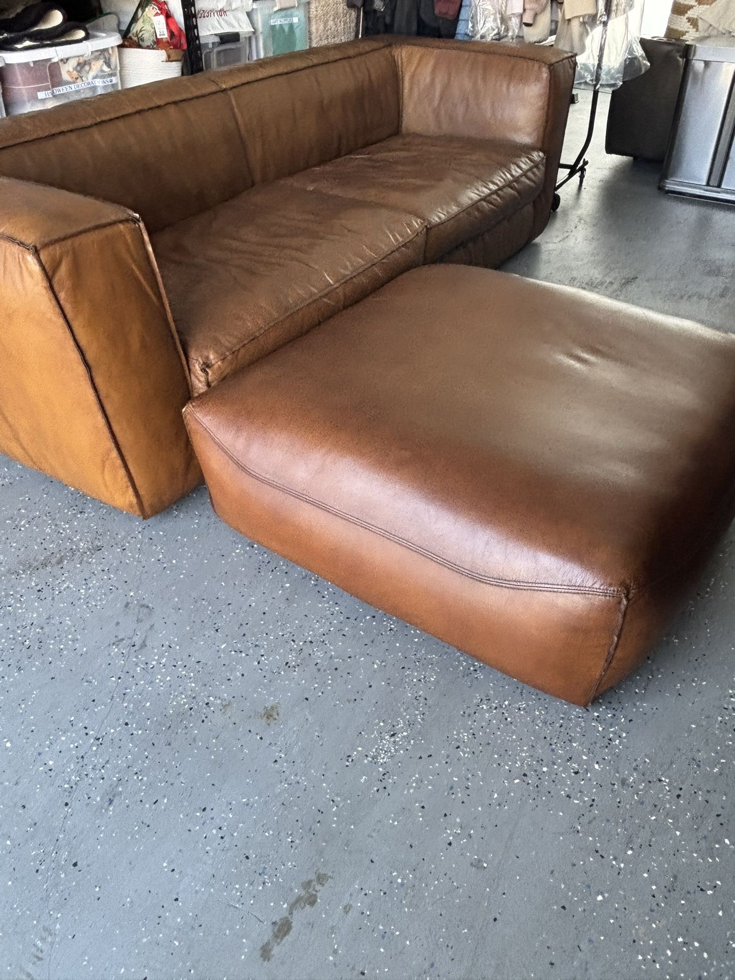 Beautiful Genuine Leather Sofa + Oversized Ottoman — Great Condition
