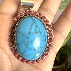 Vintage style hand carved Tibetan silver pendant with coral and turquoise 