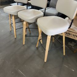 Swivel Counter Height Bar Stools, Set of 3，26" Upholstered PU Leather Barstools with Back Wood Legs, Mid Century Modern Bar Chair Island Stool for Kit