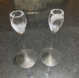 Pair Crystal Taper Candle Holders With White Swirl Pattern