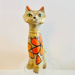Angela of California Gold MCM Mayan Cat Figurine US Studio Pottery 11” signed
