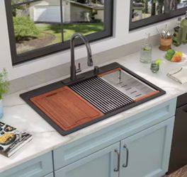 Fulorni 33" × 22" Drop-In Matte Black Quartz 50/50 Double Bowl Workstation Kitchen Sink Granite Composite Basin with Accessories
