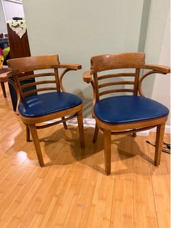 MCM Walnut Dining Chairs Blue Leather Seats