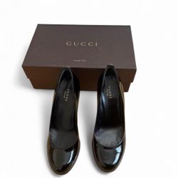 Gucci Black Patent Leather Interlocking GG Logo Printed Wedge sz 37